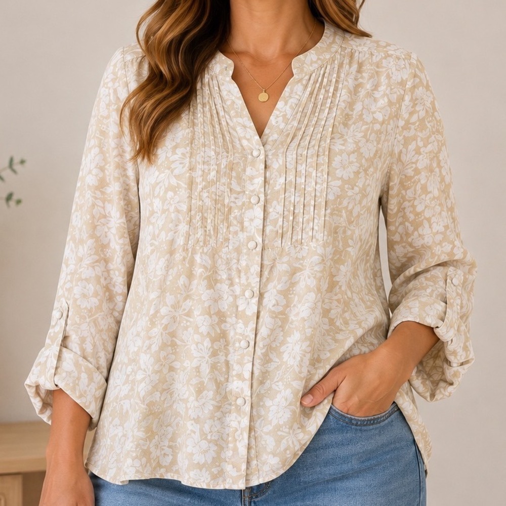 Classic Elements XL Cotton Floral Pintuck Blouse Cottagecore Coastal Grandmother